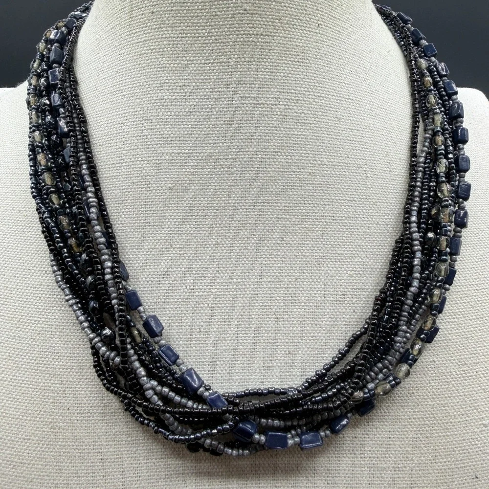Multi Strand Black Gray Blue Beaded Statement Necklace Layered Boho AdjustableMu